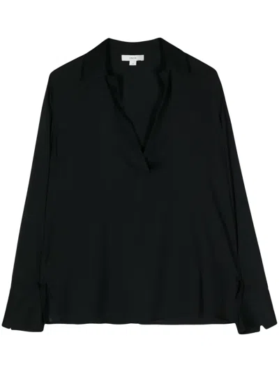 Vince Long-sleeve Silk Pullover Polo Top In Black