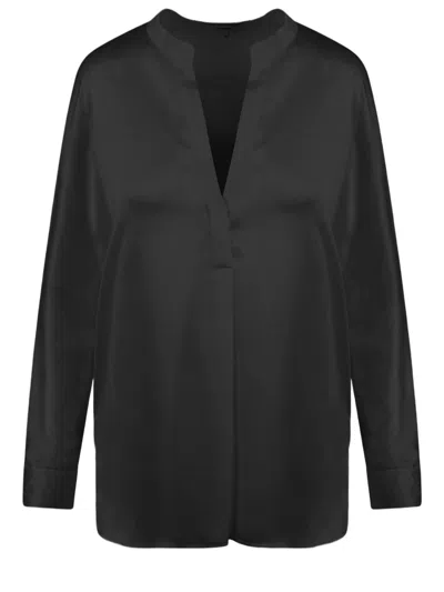 Vince Silk V-neck Shirt With Mandarin Collar And Adjustable Cuffs In Black