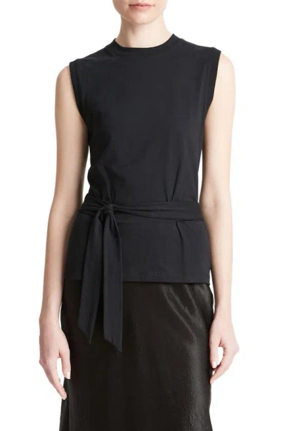 Vince Sleeveless Belted Cotton Top In Black