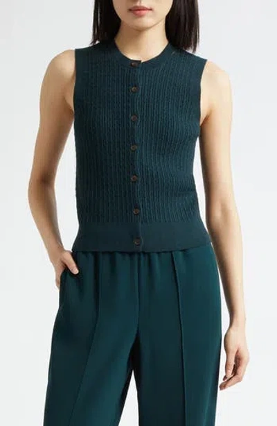 Vince Sleeveless Cable Stitch Merino Wool Blend Cardigan In Blue