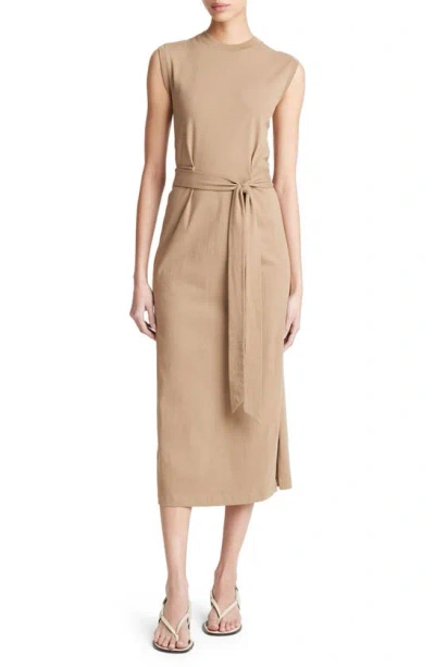 Vince Sleeveless Cotton Knit Midi Dress In Shale