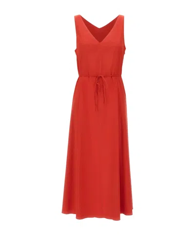 Vince Drawstring V-neck Midi Dress In Red