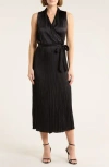 Vince Sleeveless Pleated Satin Wrap Dress In Black
