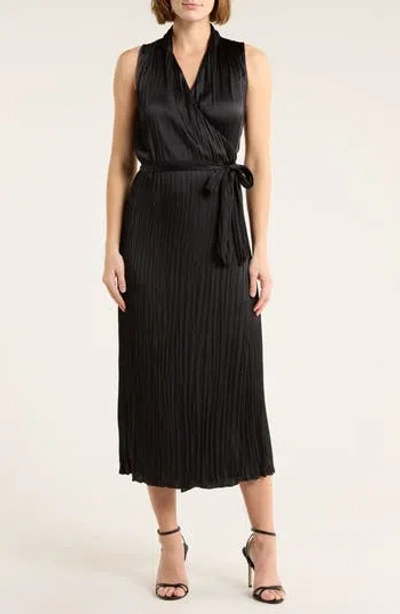 Vince Sleeveless Pleated Satin Wrap Dress In Black