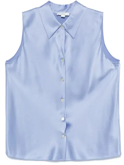 Vince Sleeveless Silk Shirt In Blue