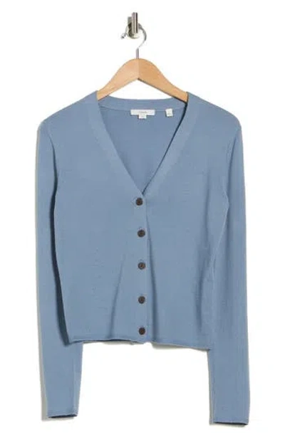 Vince Slim Button Front Wool Bend Cardigan In Blue