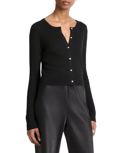 Vince Slim Rib Shell Button Cashmere & Silk-blend Cardigan In Black