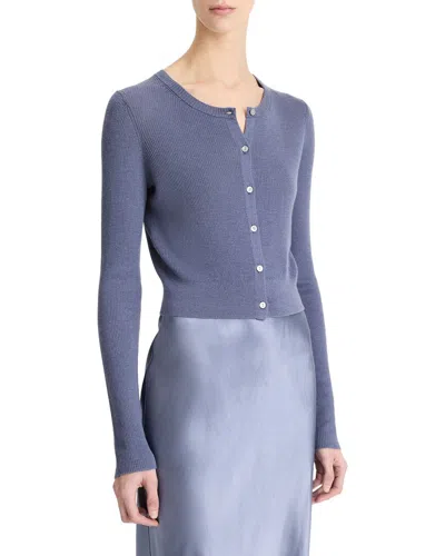 Vince Slim Rib Shell Button Cashmere & Silk-blend Cardigan In Blue