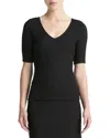 Vince Smocked Elbow Sleeve Soft V-neck Top In Black