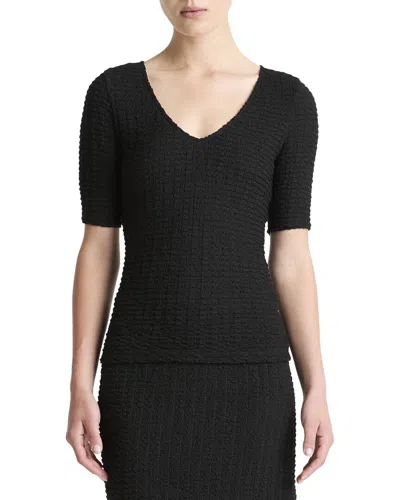 Vince Smocked Elbow Sleeve Soft V-neck Top In Black