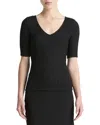 Vince Smocked Elbow Sleeve Soft V-neck Top In Black