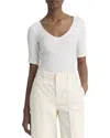 Vince Smocked Elbow Sleeve Soft V-neck Top In White