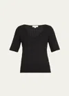 Vince Smocked Elbow Sleeve Soft V-neck Top In Black