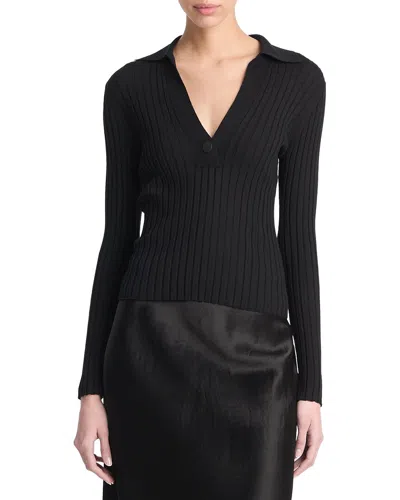 Vince Snap Wool & Silk-blend Polo Shirt In Black