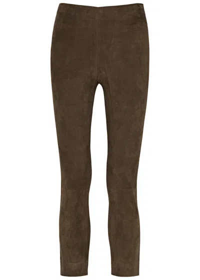 Vince Split-cuff Suede Trousers In Brown