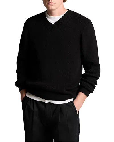 Vince Solid V-neck Cotton Blend Ribbed Sweater In Black