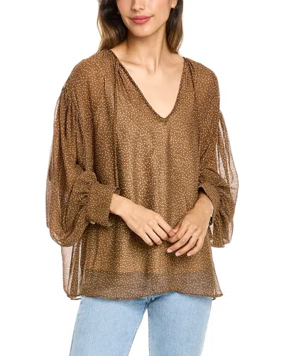 Vince Starry Dot Shirred Neck Blouse In Brown