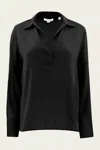 Vince Stretch-silk Long-sleeve Polo Blouse In Black
