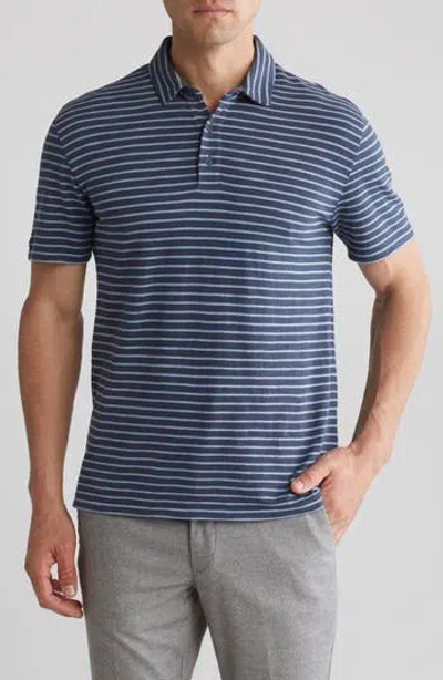 Vince Stripe Cotton Slub Polo In Washed Ink/pacific Blue