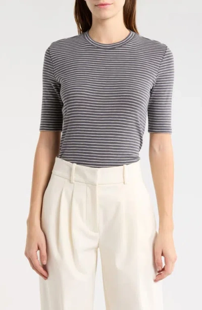 Vince Stripe Elbow Sleeve Cotton Blend Knit Top In Black