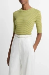 Vince Stripe Elbow Sleeve Cotton Blend Knit Top In Herbaria Combo