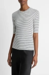 Vince Stripe Elbow Sleeve Cotton Blend Knit Top In Off White Combo