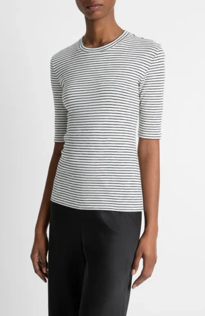 Vince Stripe Elbow Sleeve Cotton Blend Knit Top In Off White Combo