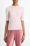 Vince Stripe Elbow Sleeve Cotton Blend Knit Top In Peony Wood Combo
