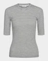 Vince Stripe Elbow Sleeve Cotton Blend Knit Top In Off White Combo