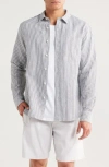 Vince Stripe Linen & Cotton Button-up Shirt In Gray