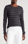 Vince Stripe Long Sleeve Crewneck Shirt In Heather Charcoal/ice Bay
