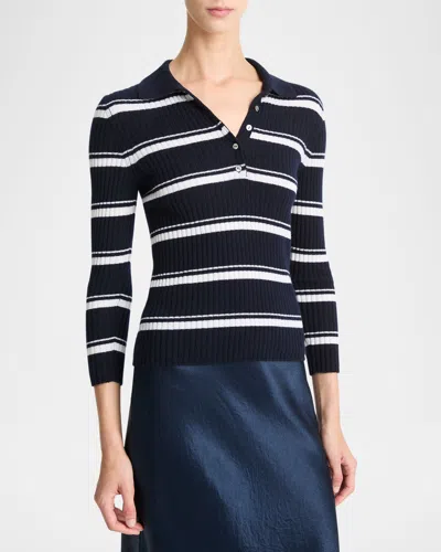 Vince Stripe Mulberry Silk-blend Polo Top In Coastal/off White