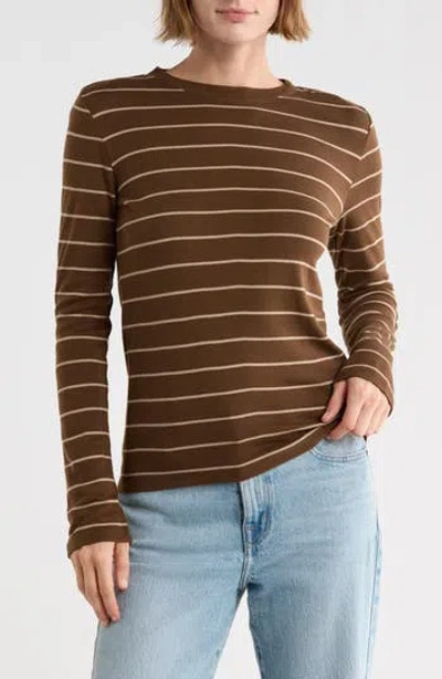 Vince Stripe Pima Cotton Long Sleeve T-shirt In Brown
