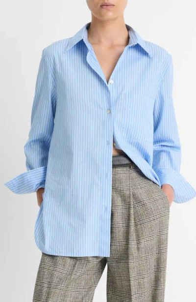 Vince Stripe Relaxed Cotton Button-up Shirt In Sky Blue/off White