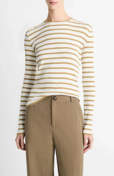 Vince Rib Stripe Long Sleeve Crew Tee Sand Sage Combo In Neutral