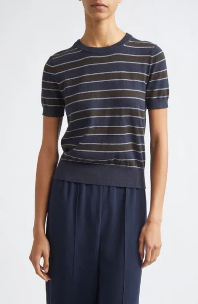 Vince Stripe Short Sleeve Cotton & Cashmere Sweater T-shirt In Blue