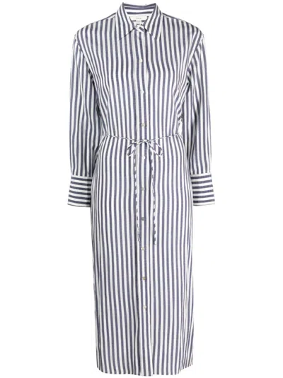 Vince Striped Belted Midi Shirt Dress In Blue