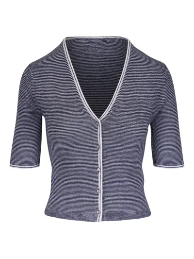 Vince Striped Button Cardigan In Blue
