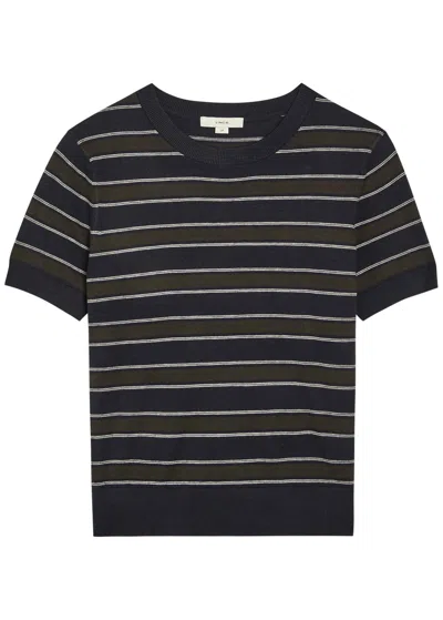Vince Striped Cotton And Cashmere-blend T-shirt In Blue