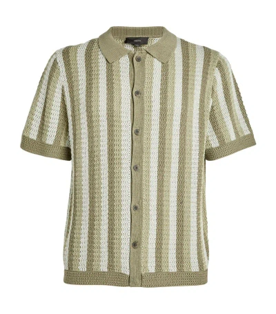 Vince Crochet Stripe Short Sleeve Button-up Cotton Sweater In Dried Cactus Combo