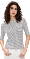 Vince Stripe Elbow Sleeve Cotton Blend Knit Top In Off White Combo