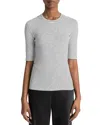 Vince Stripe Elbow Sleeve Cotton Blend Knit Top In Off White/coastal Blue