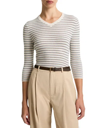 Vince Striped High V Neck Top In Blue