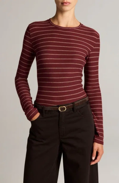Vince Striped Long Sleeve Cotton Crewneck Top In Brown