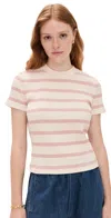 Vince Striped Short Sleeve Crew Top Oat Shell Combo In Pink