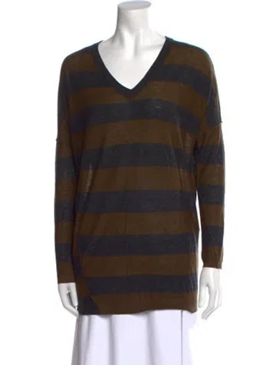 Pre-owned Vince Striped V-neck Sweater In Green