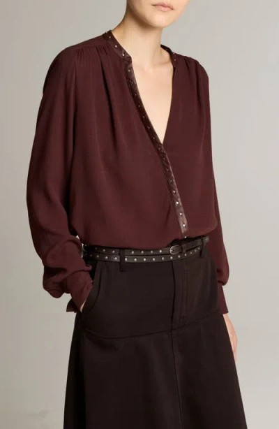 Vince Gathered Studded Trim Long Sleeve Top In Burgundy