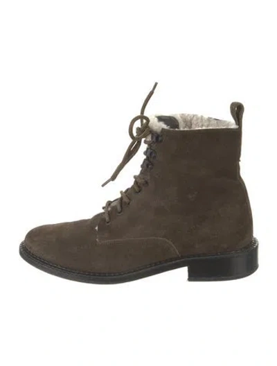 Pre-owned Vince Suede Fur Trim Combat Boots In Green