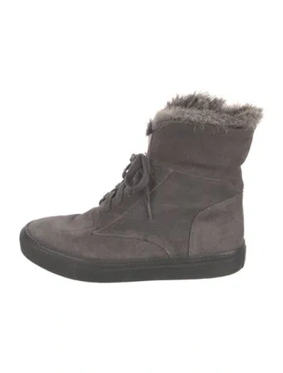 Pre-owned Vince Suede Fur Trim Lace-up Boots In Gray