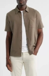 Vince Sueded Jersey Short Sleeve Button-up Shirt In Nude